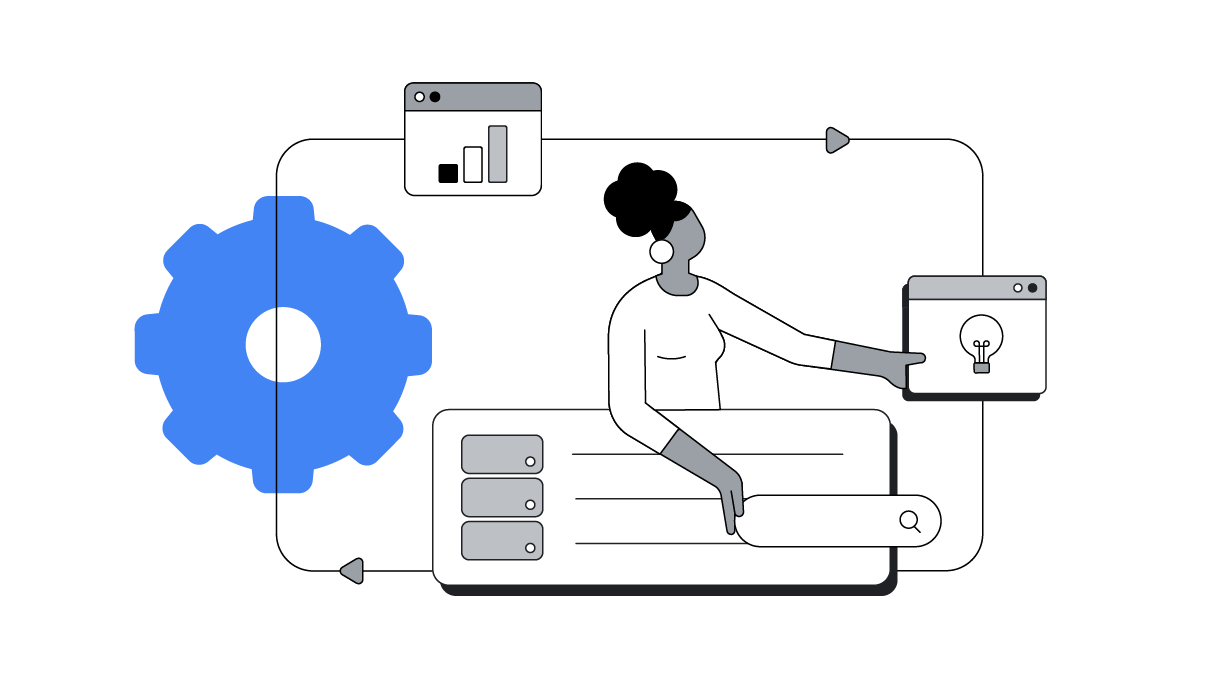 A femme-presenting person with dark skin and curly black hair adjusts their marketing strategy using first-party data, search insights, and automation tools, putting their plans into a flow chart.