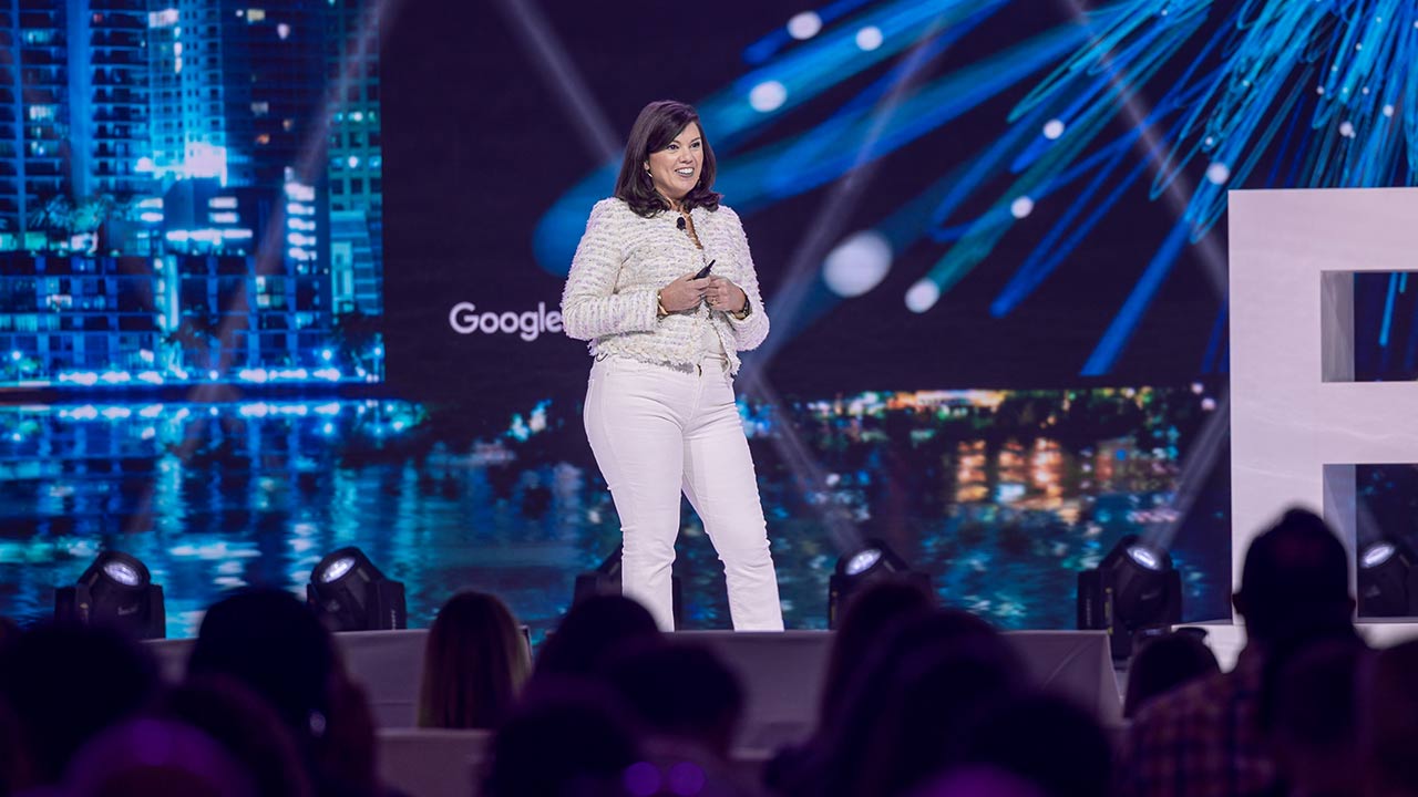 Kristen O’Hara, VP of brand and agency solutions at Google, addresses a crowd of conference goers about the AI paradigm shift.