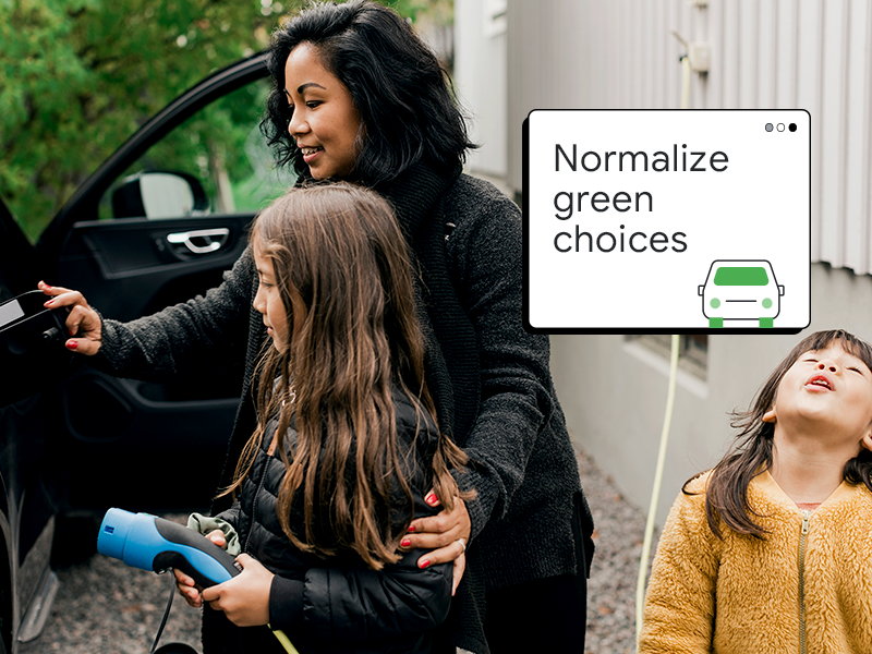 A mom with dark hair and medium skin shows her daughters how to charge their electric car. A pop-up window reads “Normalize green choices.”
