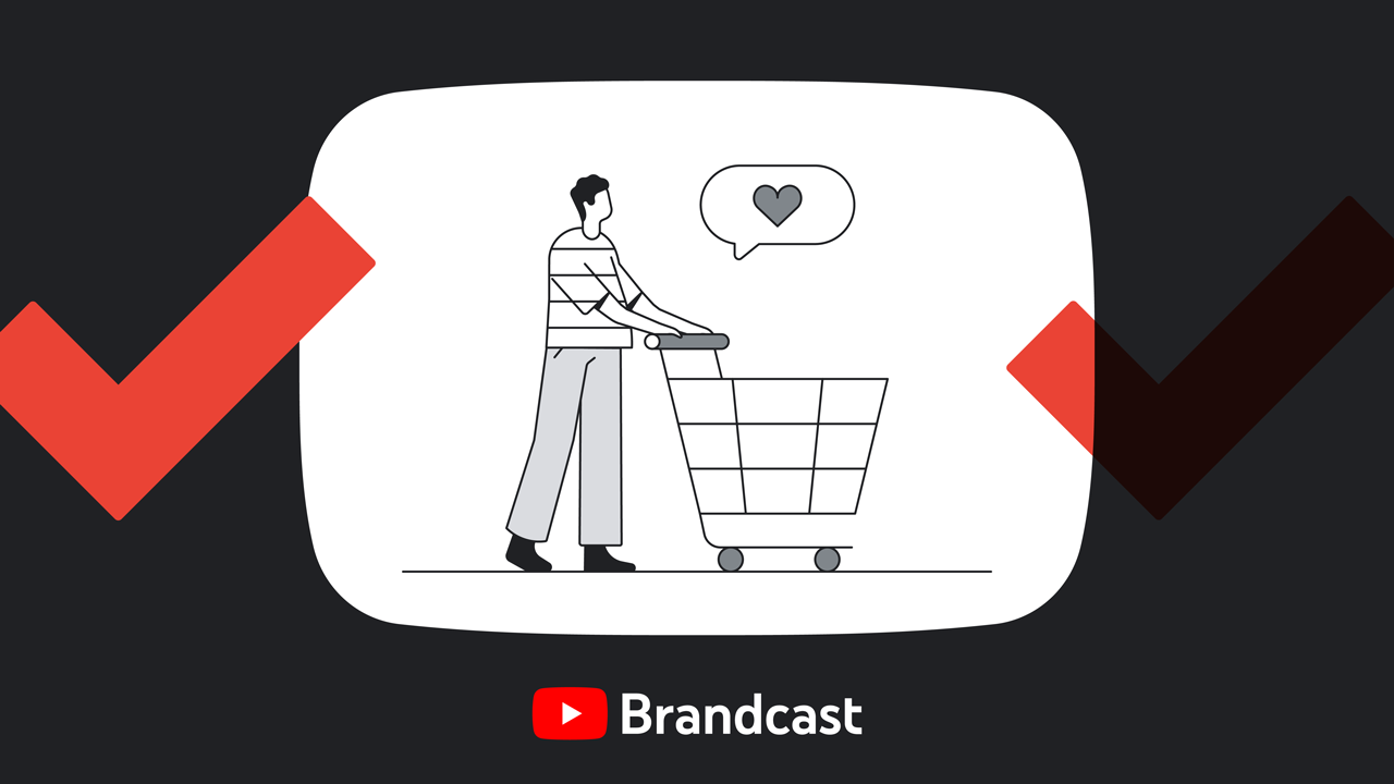 黒い枠の中、買い物かごを押す男性、ハートマークの吹き出し。足元に「Brandcast」の文字。左右に赤色のチェックマーク。