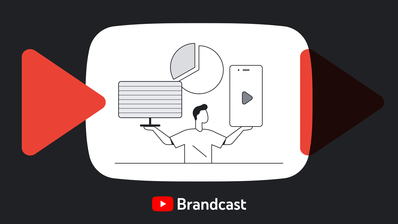 黒い枠の中、時計、モニターとスマホを持つ男性、左右に YouTube 再生マーク。Brandcast。