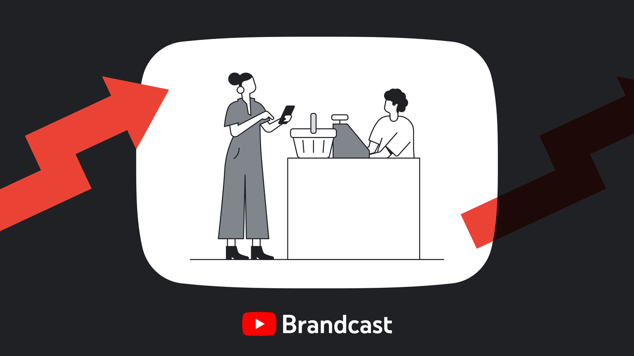 黒い枠の中、女性の後ろ姿、テーブルの後ろに立つ男性。左右には赤い矢印。Brandcast。