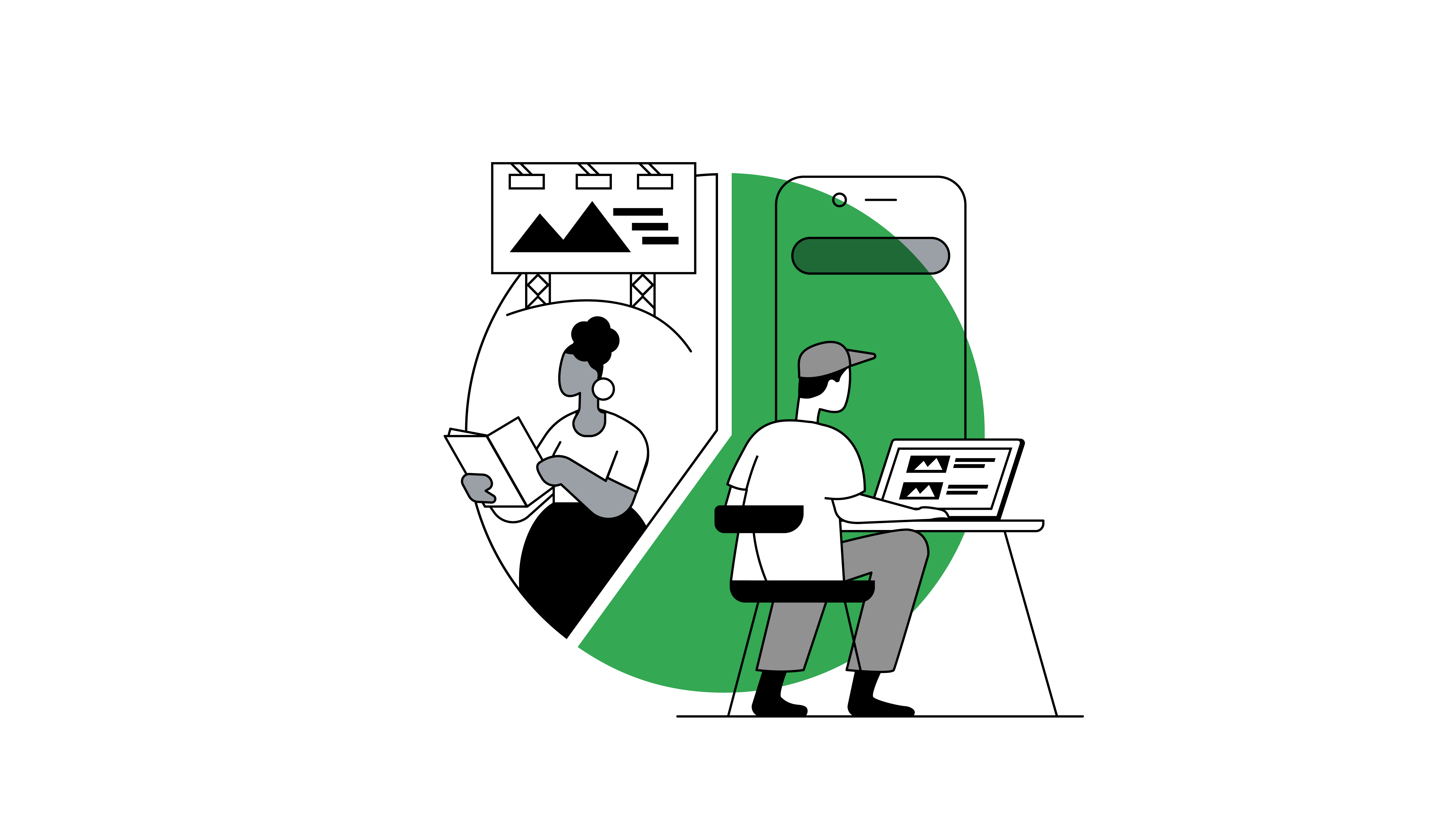 A pie chart, split 60/40. In the 40 segment, a woman stands in front of a billboard and reads a magazine. In the 60 segment, a man sits at a desk looking at Search results on a laptop, with a large mobile device in the background.