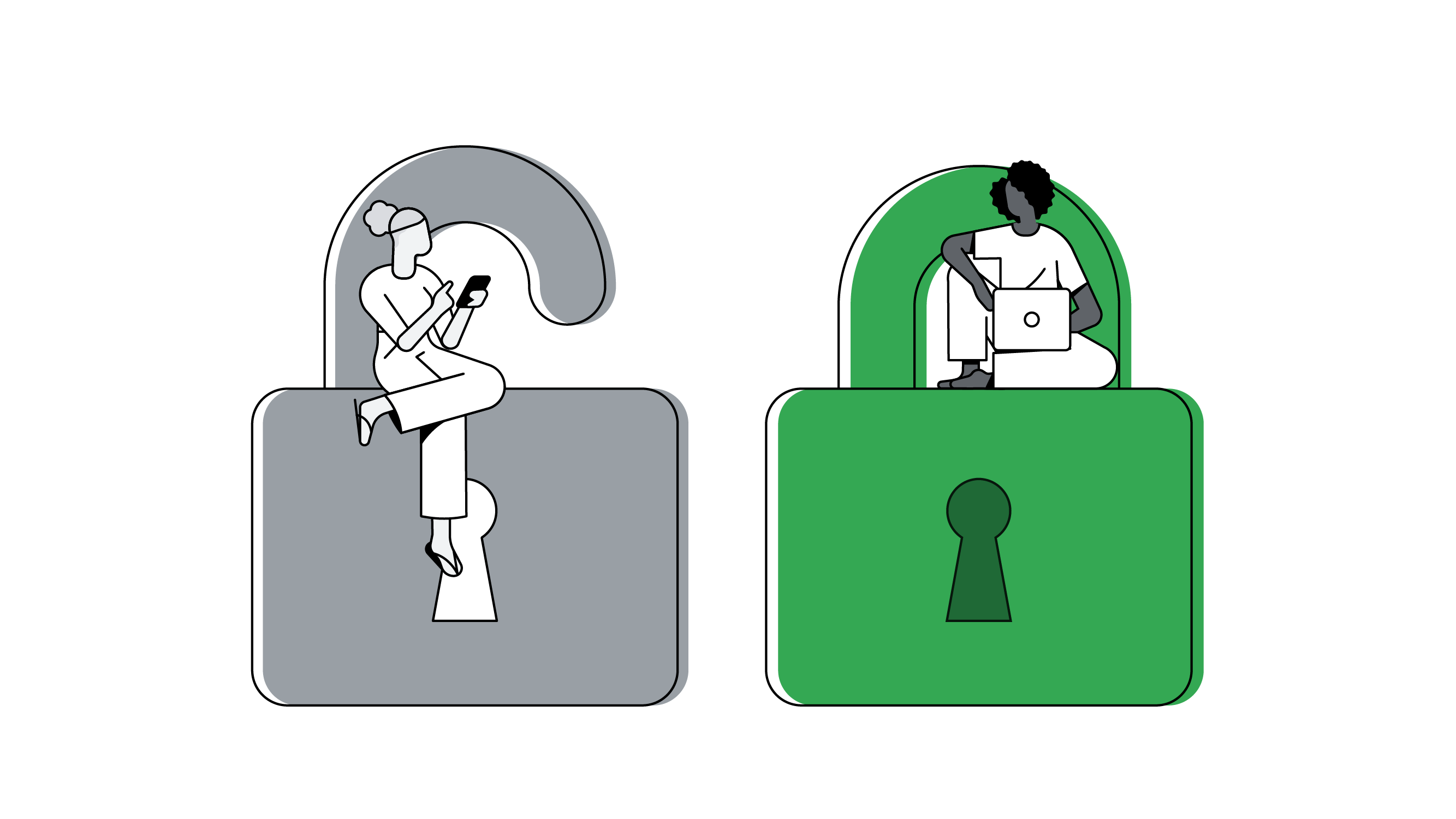 To the left, a woman sits on top of a large, grey, unlocked padlock holding a phone. To the right, a woman sits on top of a large, green, locked padlock works on a laptop.