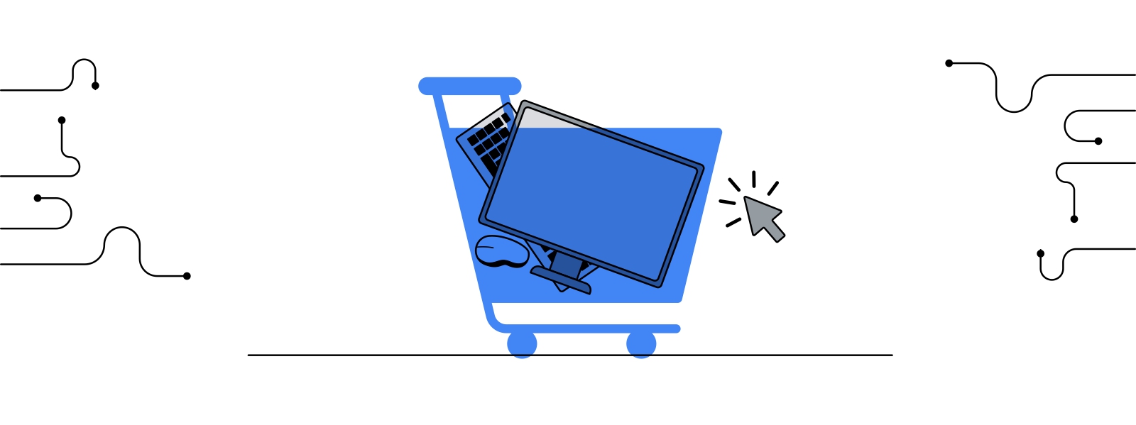 Un carrito de comprar en color azul tiene en su interior un televisor grande, un mouse y un teclado de computadora.