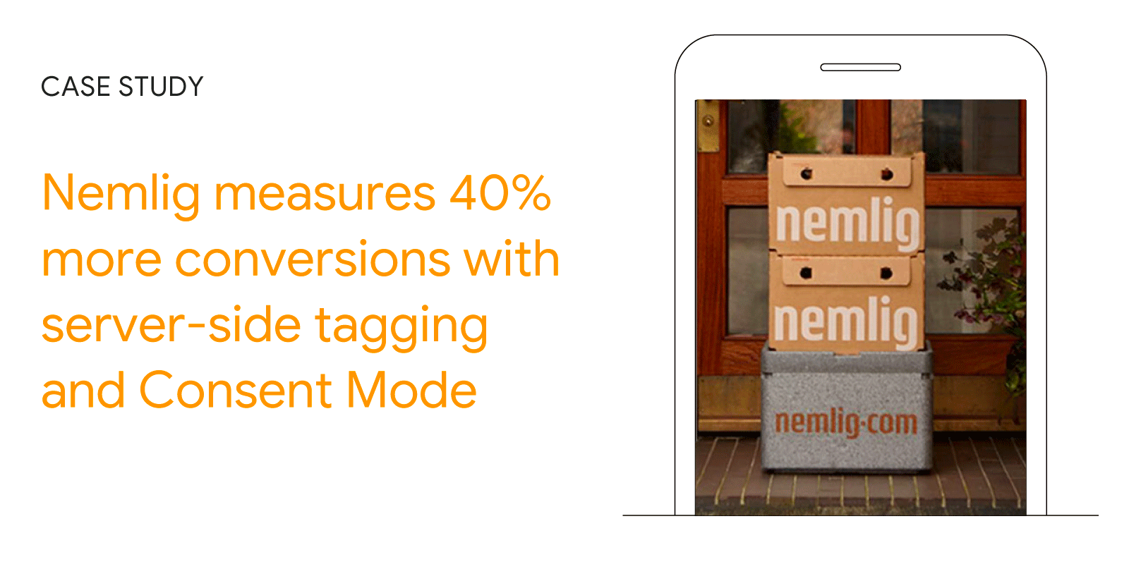 Case Study: Nemlig measures 40% more conversions with server-side tagging and Consent Mode. A smartphone shows a stack of boxes with the Nemlig logo