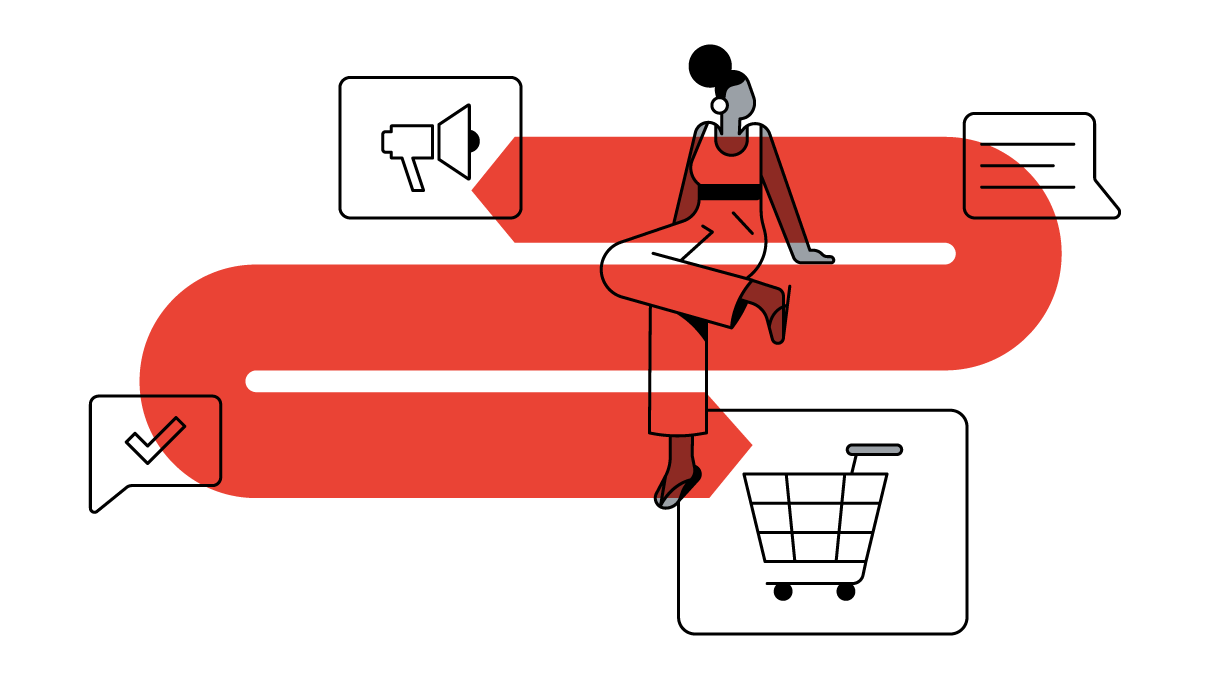 A Black woman in a stylish jumpsuit considers her options among many choices along the consumer journey: online shopping, user reviews, video ads, and messages from friends.