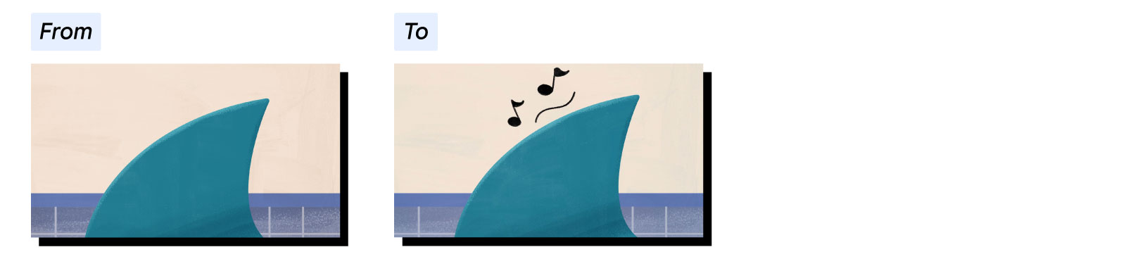 Two illustrated video stills with the same image, a close-up of a teal green shark fin in front of a kitchen counter, but the second one has music notes to represent a musical sound track