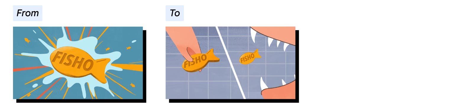 Before and after illustrated video stills: The “before” shows a splashy close-up on a Fisho treat. The “after” has a split-screen view of a hand holding a Fisho treat and a zoomed-in view of a dog’s mouth about to eat a Fisho.