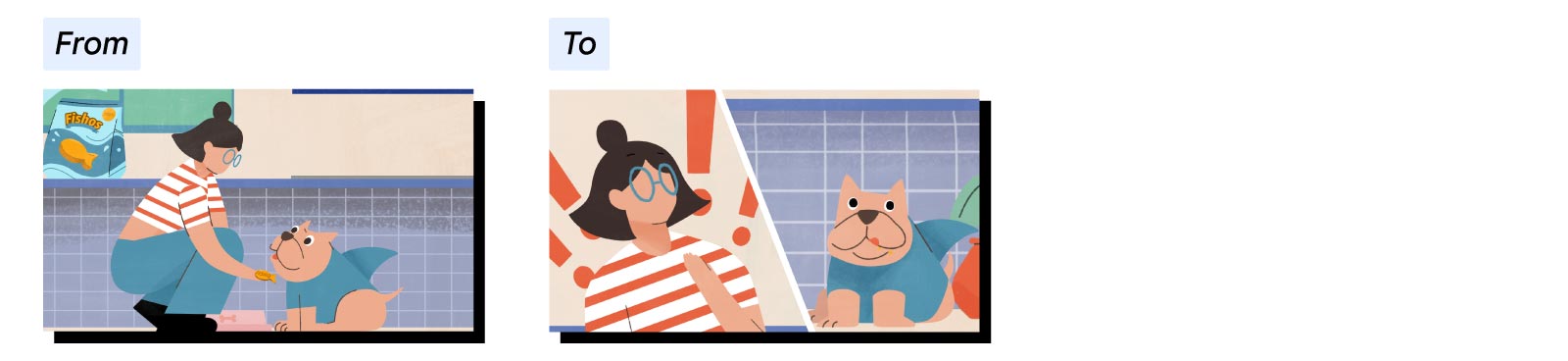 Before: A bag of Fishos sits on kitchen counter. A woman bends down to give her small dog, who wears a shark costume, a Fishos treat. After: A split screen of the woman with exclamation marks behind her and the dog licking his lips.