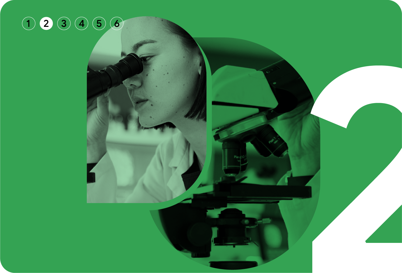 Chapter 2 of 6. A person with straight, shoulder-length hair looks into the eyepieces of a microscope and adjusts for focus.