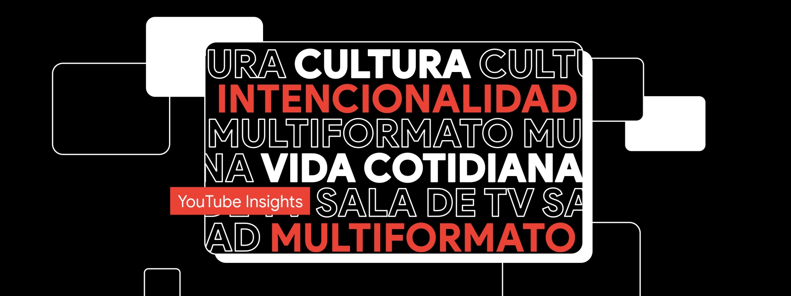 Una pantalla con fondo negro y letras en blanco y rojo que dicen “Cultura” “Intencionalidad”, “Multiformato”, “Vida cotidiana”, “Sala de TV”. Un cintillo con fondo rojo y letras blancas que dice “YouTube Insights”.
