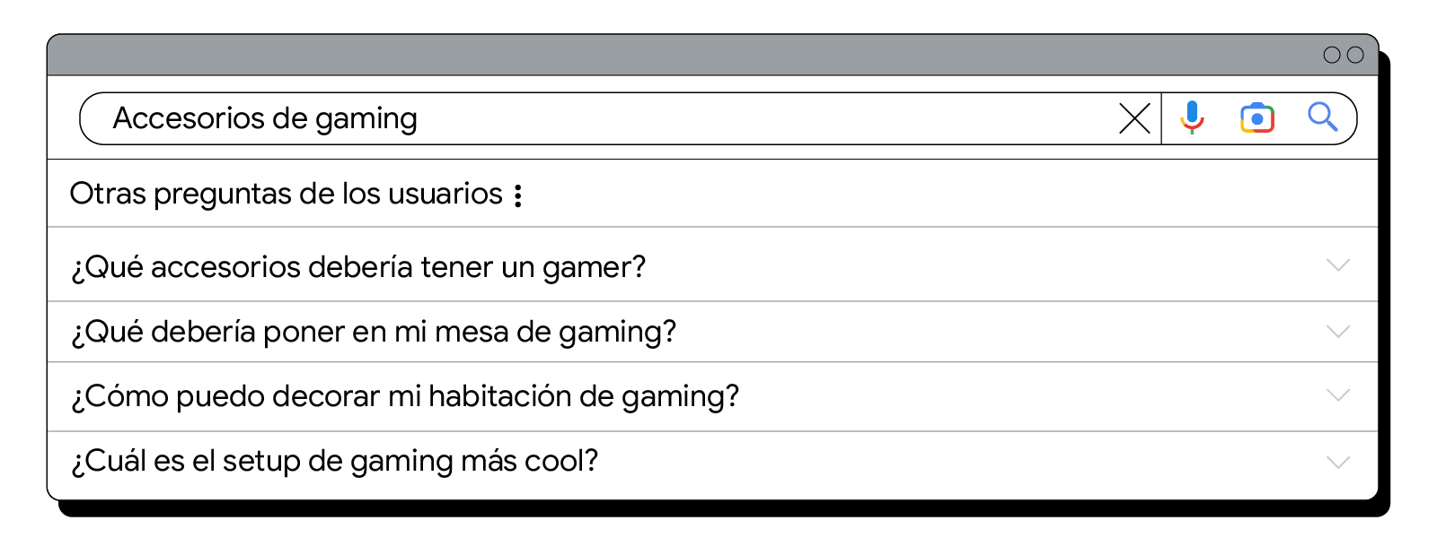 Imagen de la búsqueda de Accesorios gaming y la sección otras preguntas de los usuarios