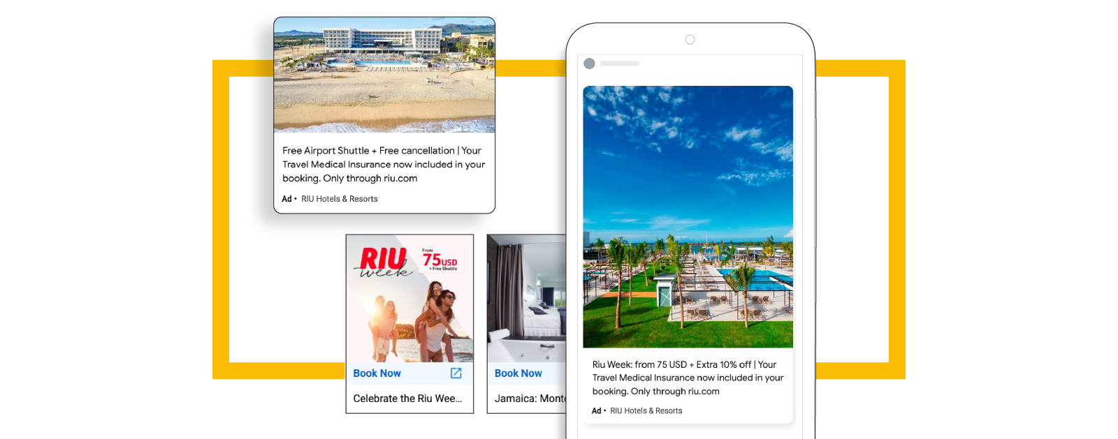 Example images of Riu's ads for their Discovery campaigns with photos of their beachside hotels and copy