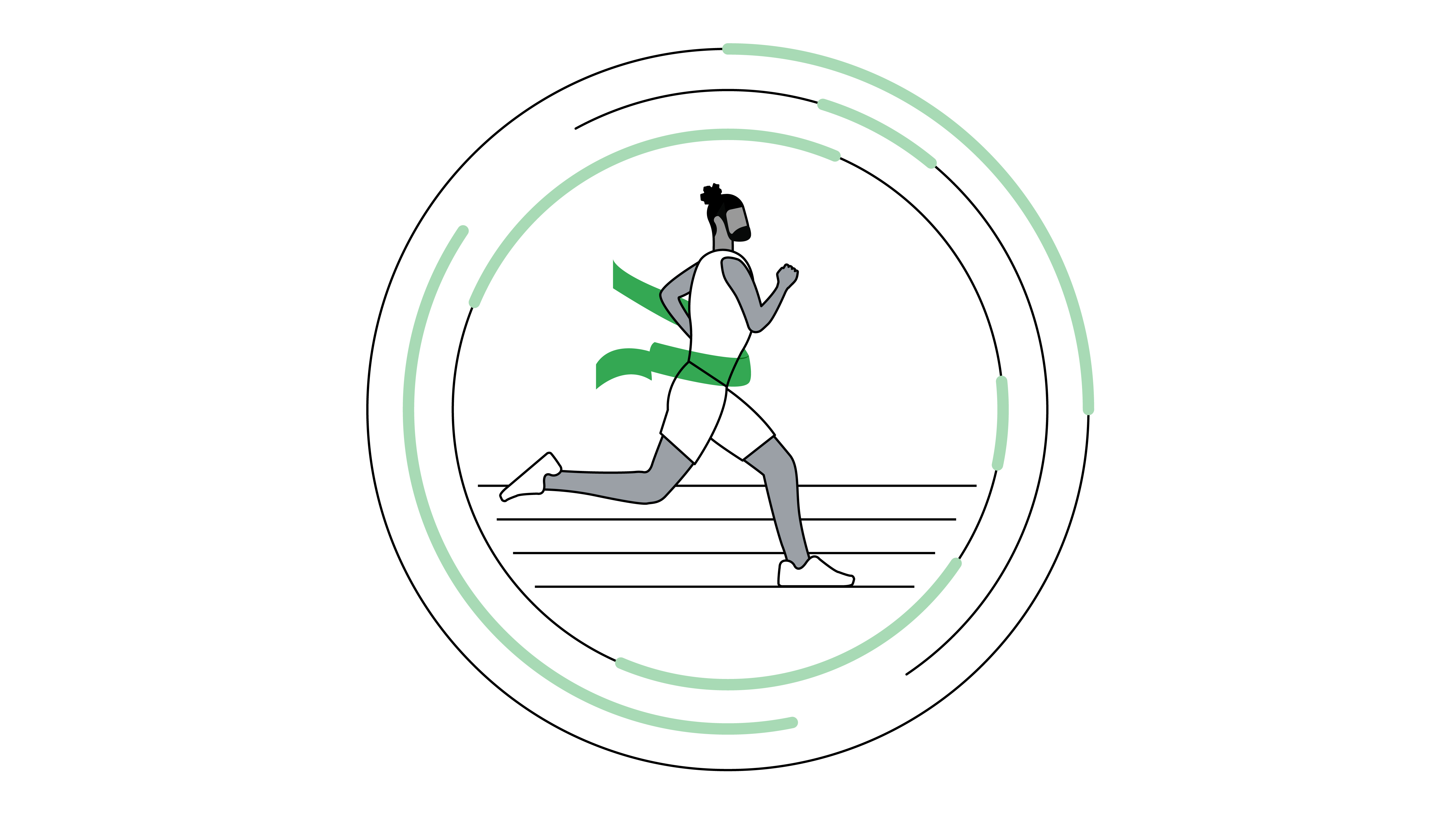 An illustrated image of a Black man running on a race track — and being the first to reach the finish line. The finish line ribbon he runs through is green. He is positioned within a forcefield with green highlights