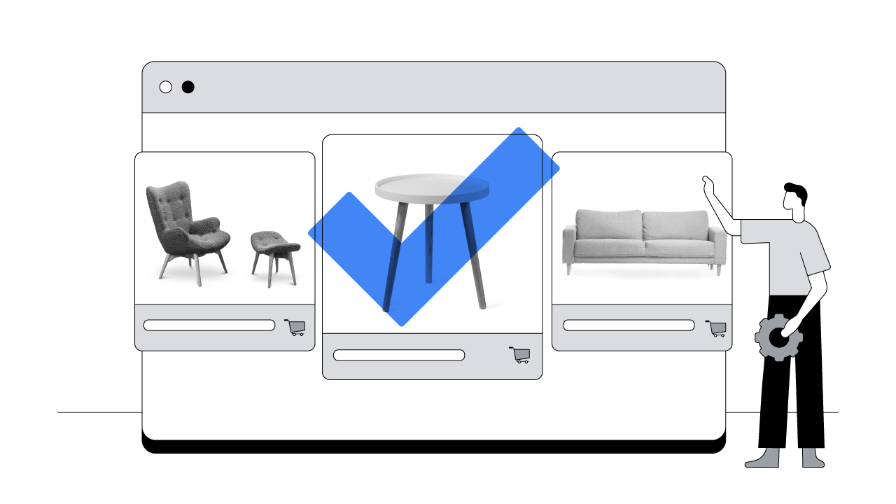 In black and white, a man stands next to a life-size internet browser, holding a gear icon with one hand. His other arm is stretched out towards the screen, which shows 3 furniture advertisements. The middle one is larger and has a blue tick overlay.