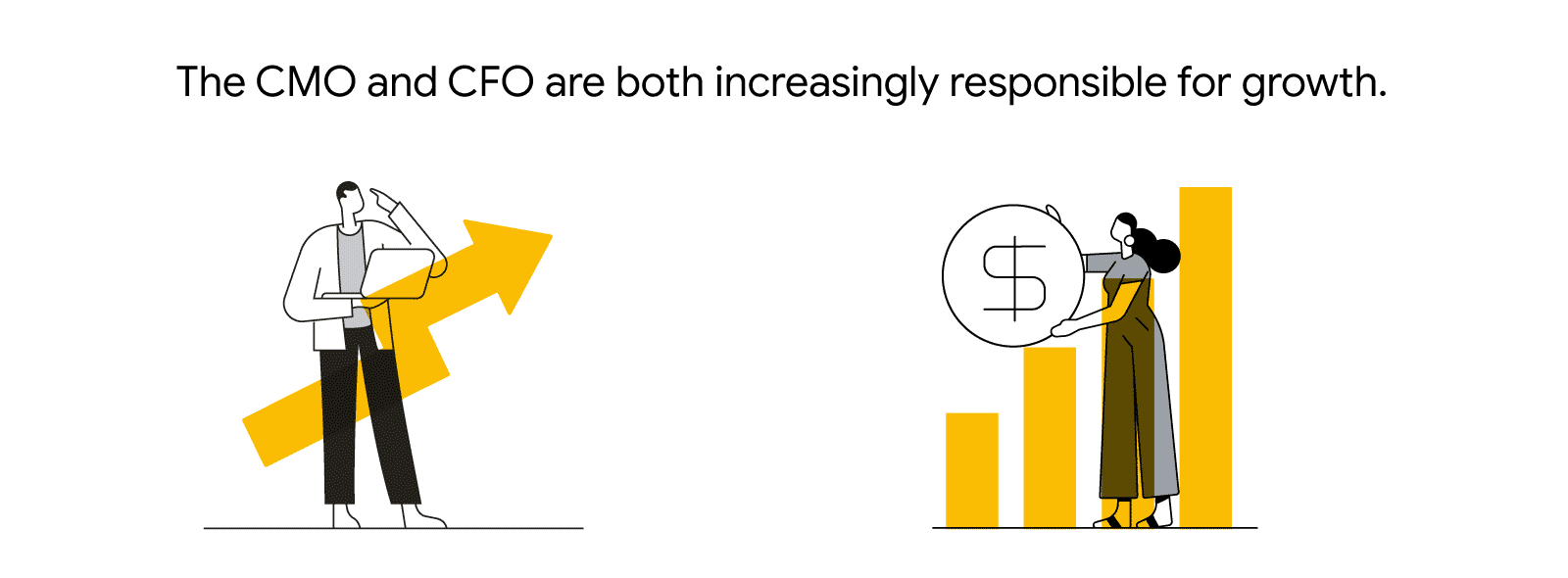 Two black-and-white illustrations of people, a man holding a laptop and a woman holding a large coin, standing in front of growth charts. A center-aligned headline reads, “The CMO and CFO are both increasingly responsible for growth.”