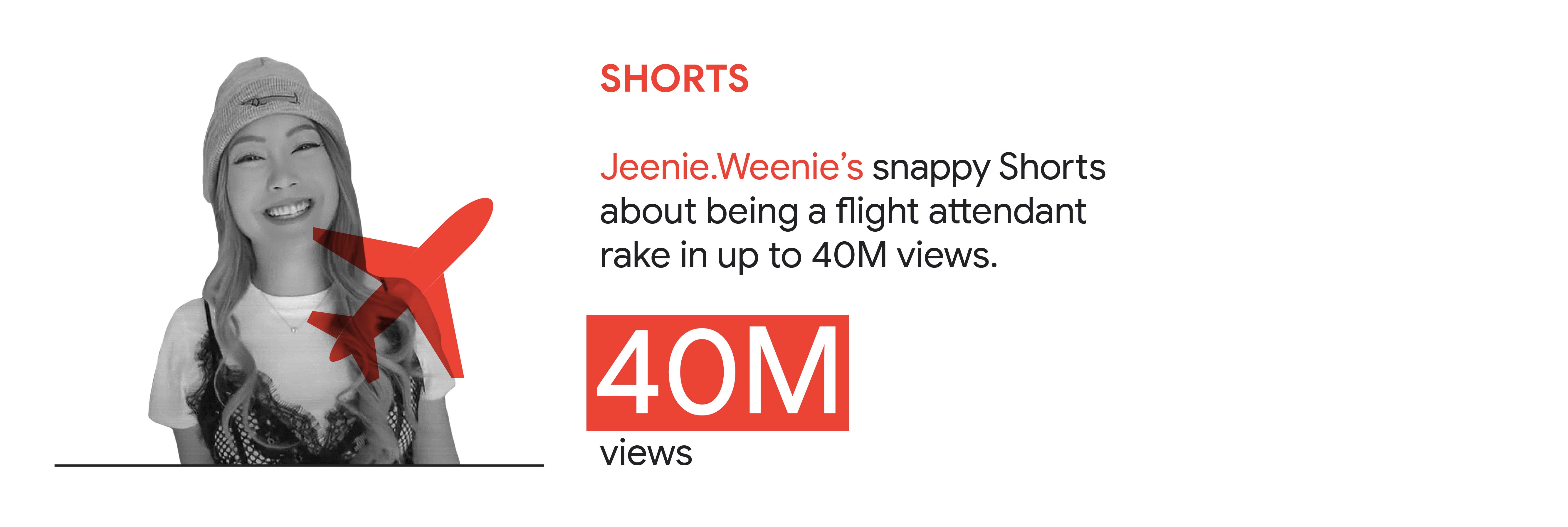 YouTube trend 5: Shorts. In APAC, Jeenie.Weenie’s snappy Shorts about being a flight attendant rake in up to 40M views.