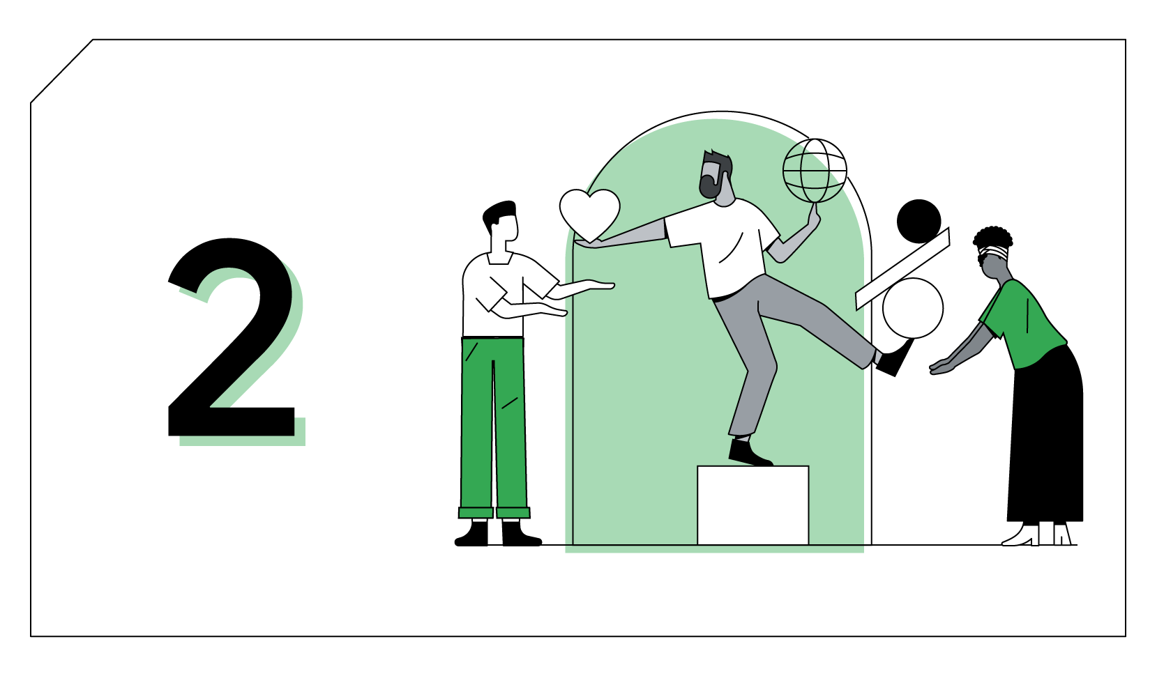 Chapter 2. A man of colour stands on a white block and balances objects on his hands and left foot. An Asian man and a Black woman stand on each side and prepare to catch the objects.