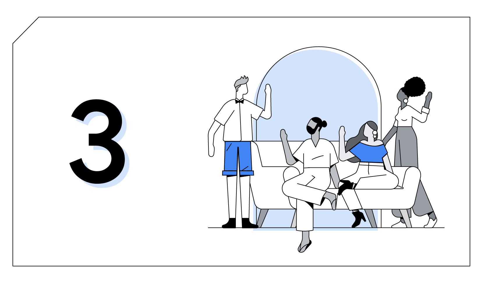 Chapter 3. Four people wave to each other: a white man wearing a bow tie, a man of colour and a woman of colour sitting cross-legged on a white couch, and a Black woman standing behind them.