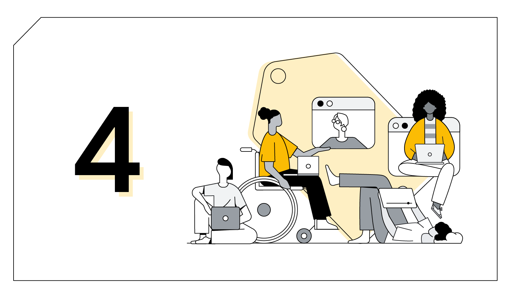 Chapter 4. Four women of colour, including two women sitting cross-legged, a woman using a wheelchair, and a woman lying down, shop online.