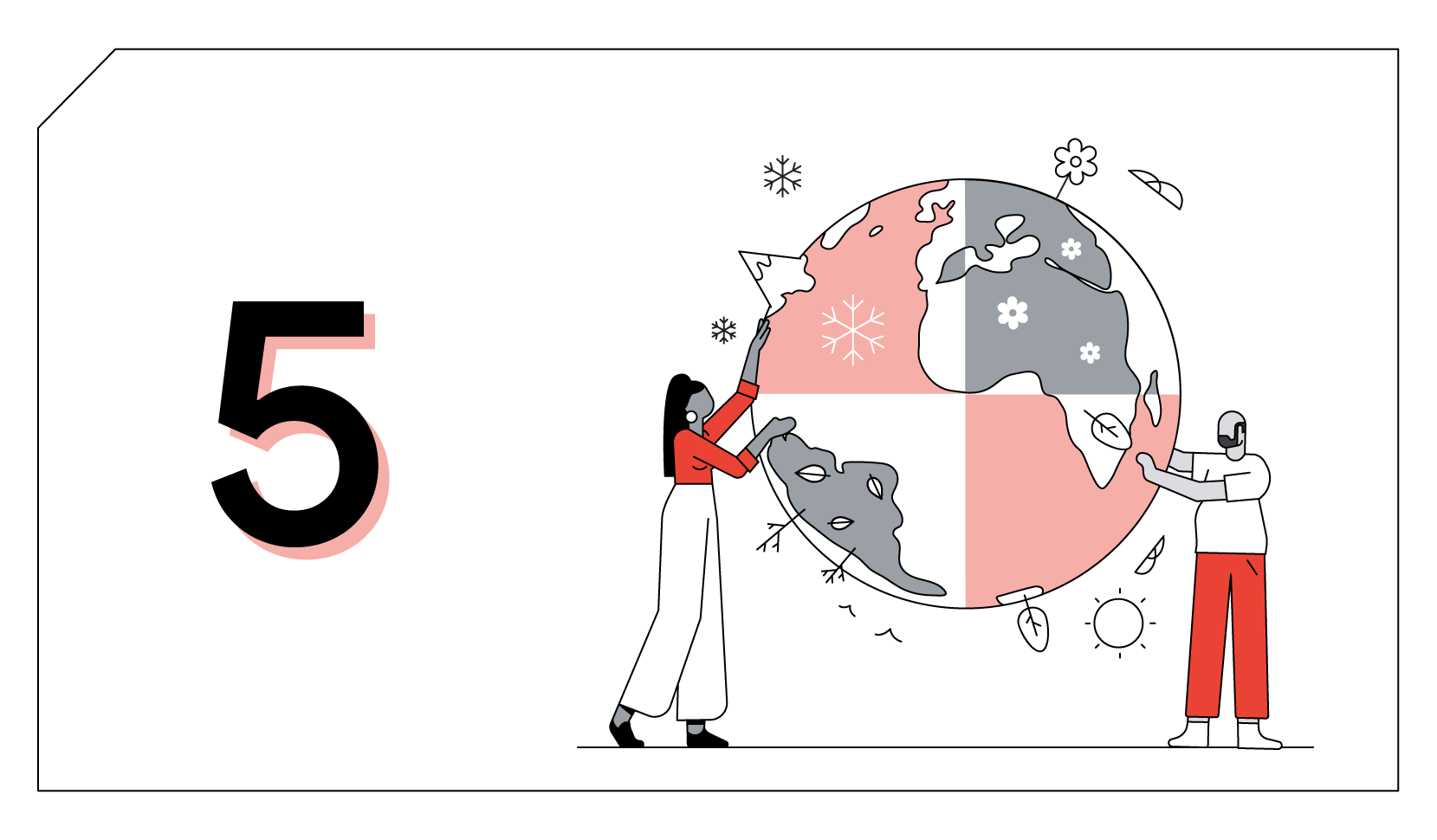 Chapter 5. Two people, a Black woman wearing a red shirt and a man with a beard wearing red pants, hold up a globe divided into four sections: winter, spring, summer, and fall.