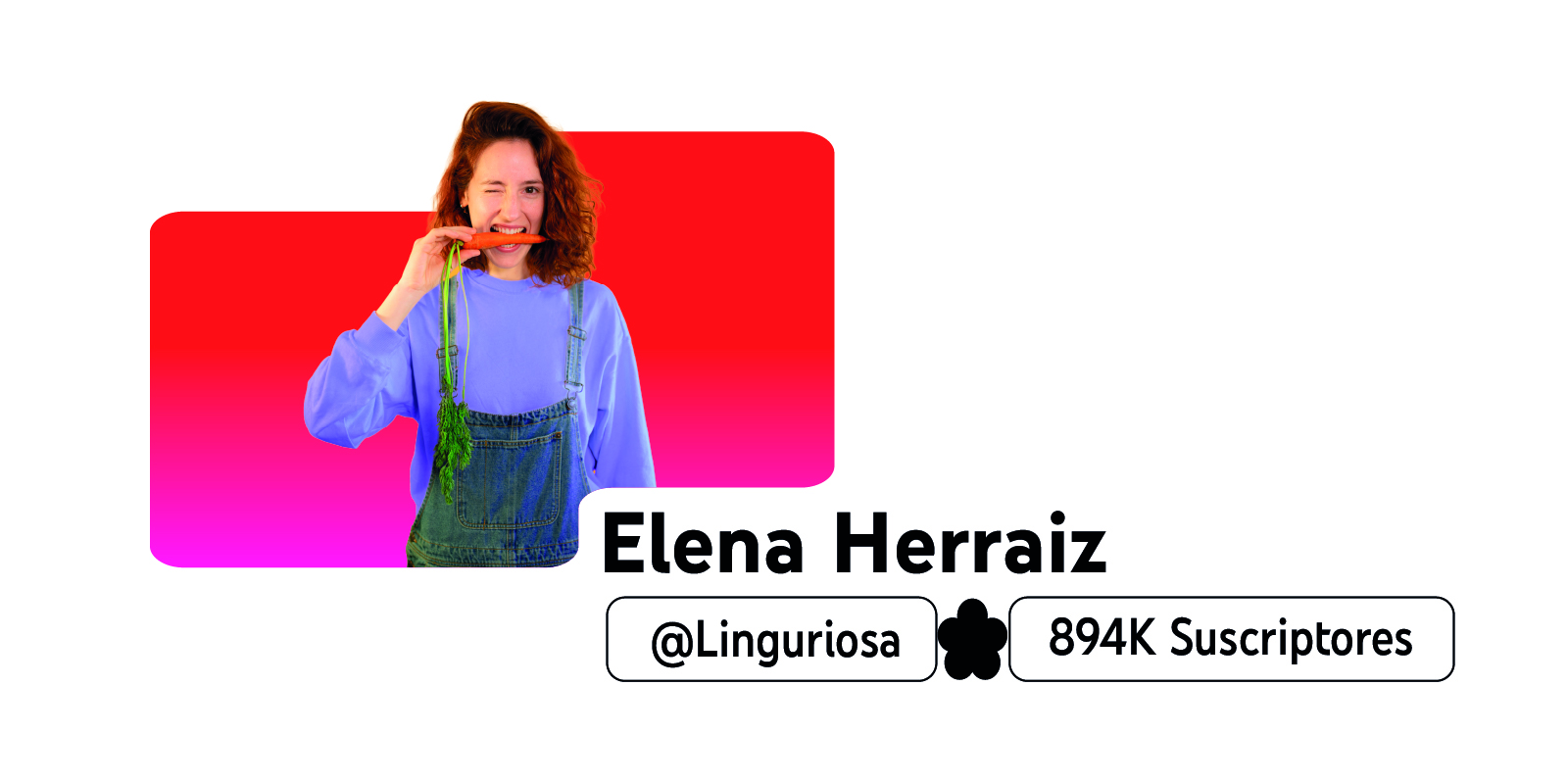 Fotografía de la creadora Elena Herraiz sobre una figura roja y rosa, junto a su nombre e información de su canal de YouTube, Linguriosa 894K suscriptores.