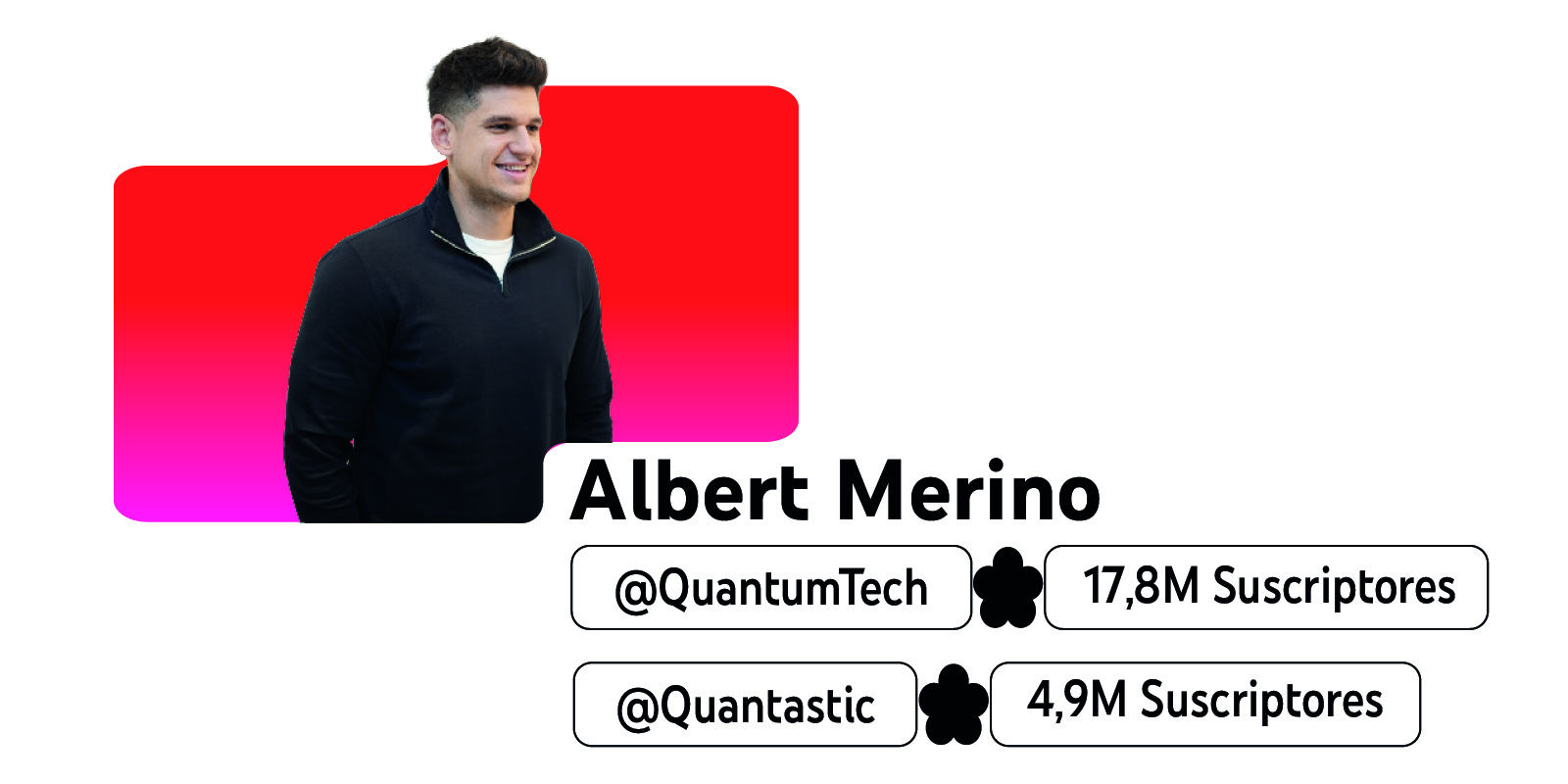 Fotografía del creador Albert Merino sobre una figura roja y rosa, junto a su nombre e información de sus canales de YouTube, QuantumTech 17,8M suscriptores y Quantastic 4,9M suscriptores.