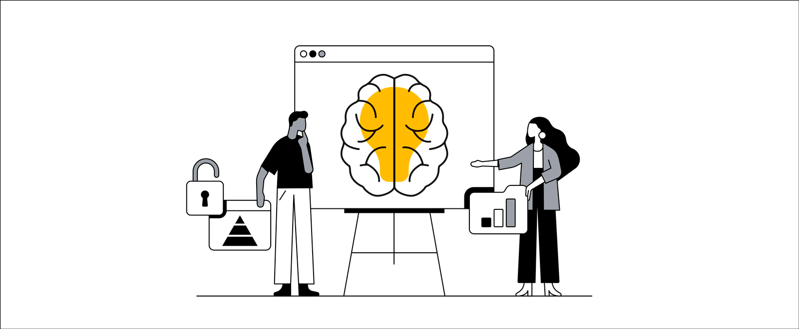 Ilustración de un hombre y una mujer mirando a una pantalla en la que se ven un cerebro y una bombilla, lo que indica que están pensando en la "inteligencia creativa".