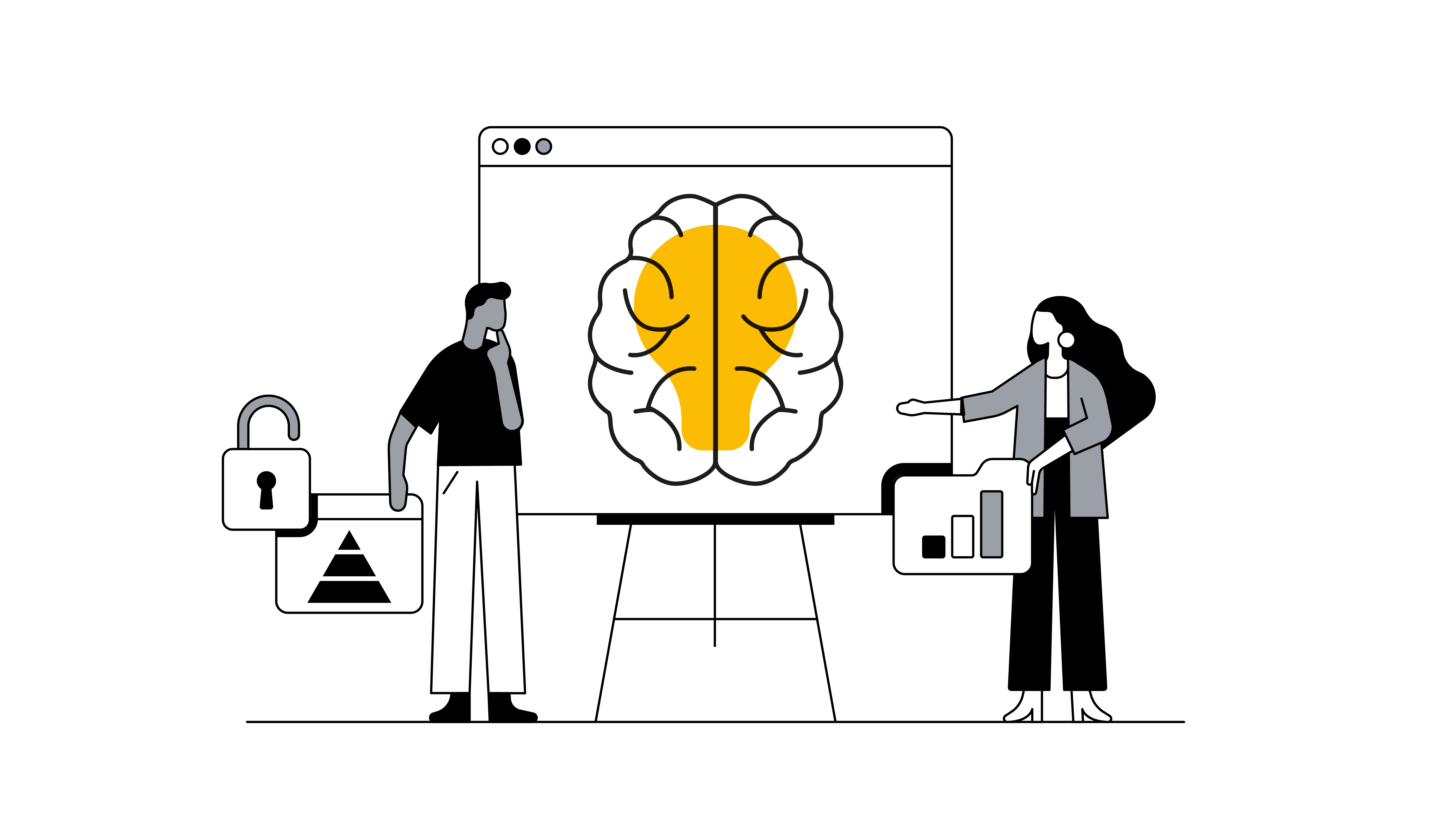 Illustration of male and female characters looking at a screen that shows a brain and lightbulb, indicating that they are thinking about “creative intelligence”.