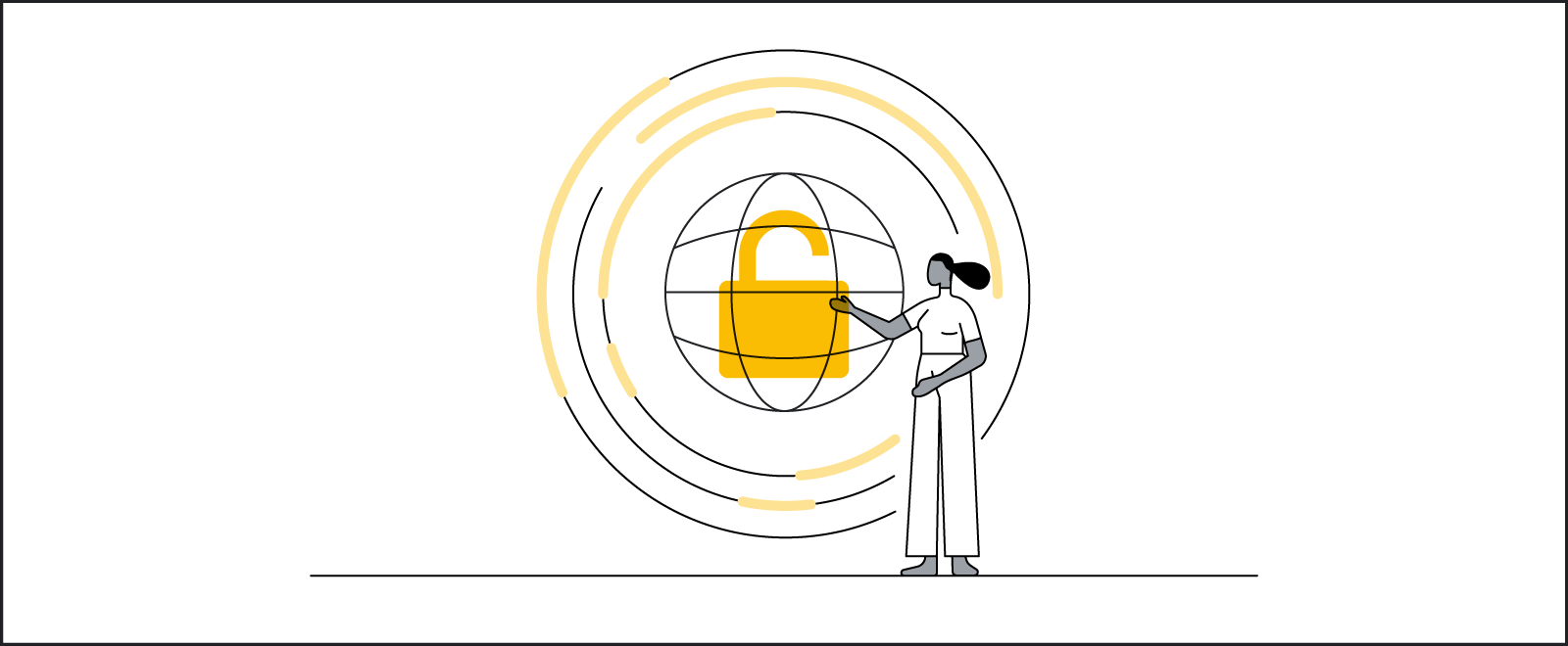 An illustrated image of a woman gesturing towards a yellow lock, which is positioned within a circular forcefield.