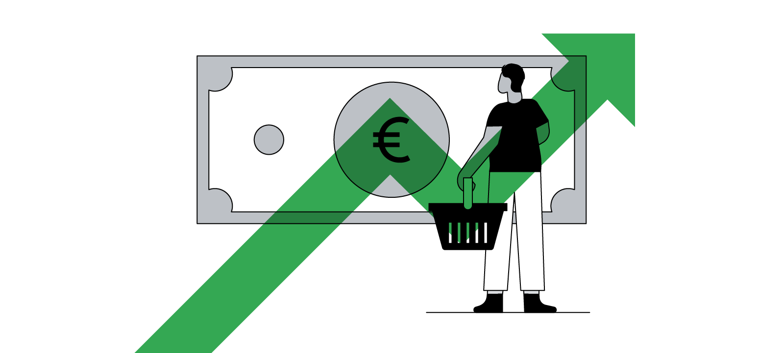 Ilustración de una persona sosteniendo una cesta de la compra y mirando un gran billete. Una flecha verde está colocada encima de la ilustración, indicando que la persona está pensando en la subida de los precios.