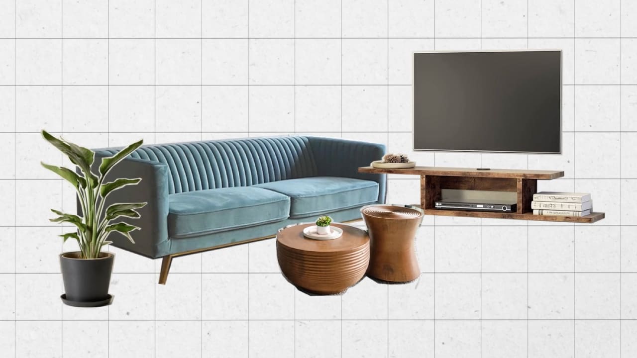 A living room setting with a sofa, potted plant, coffee table, and TV, representing today’s video consumption trends and the role of connected TV in the future of TV.