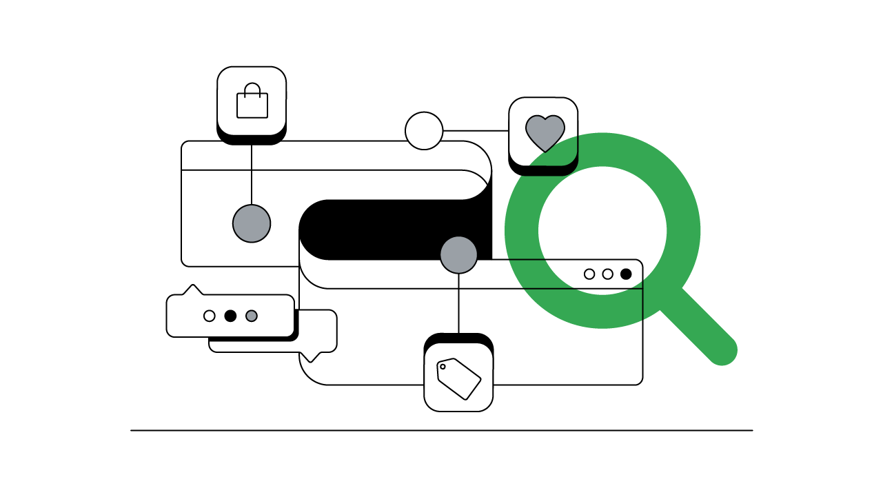 A shopping bag, heart, price tag, and chat function appears from a browser window with a search icon over it, representing the search behavior of consumers in Vietnam and how brands can build stronger customer relationships throughout the journey.