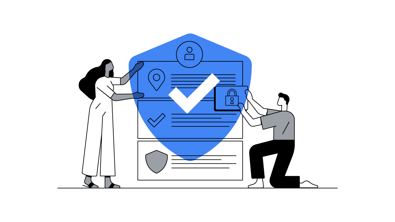 A woman points to a set of customer data while a man places a lock on it, representing the importance of protecting customer privacy and responsible first-party data collection to build customer trust and improve business performance.