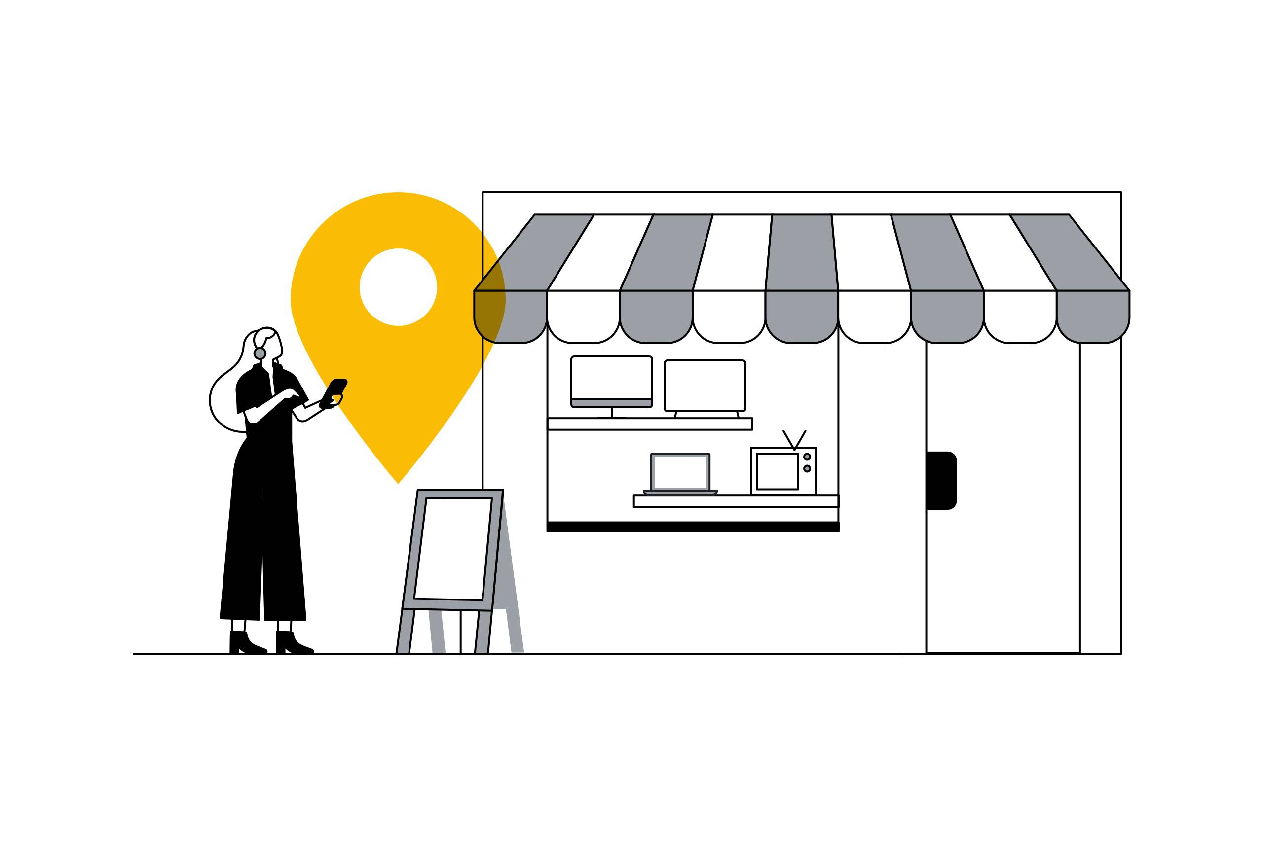 Una mujer vestida de negro tiene un dispositivo móvil en la mano. A su lado, el símbolo de localización en amarillo sobre una tienda de electrónica.