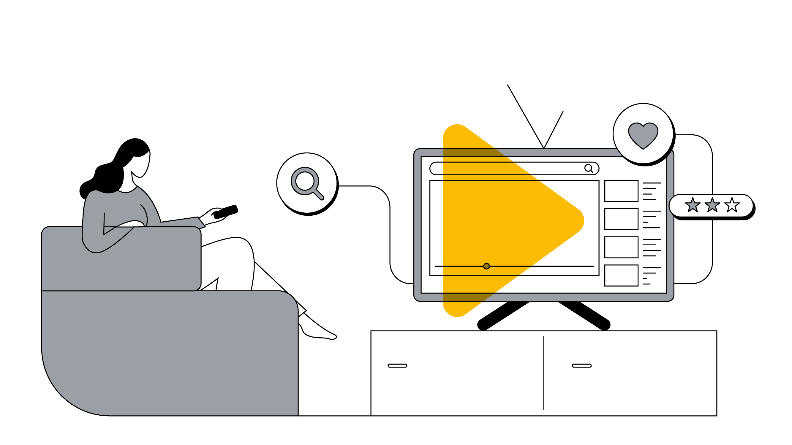 Un'illustrazione mostra lo schermo di una televisione e una serie di altri schermi, tutti collegati tra loro. Sulla sinistra il logo YouTube in giallo.