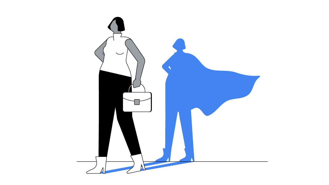 Vediamo una donna con capelli corti e una borsa 24 ore, in piedi con posizione fiera. Dietro di lei si staglia la sua ombra, in blu, con un mantello da eroina.