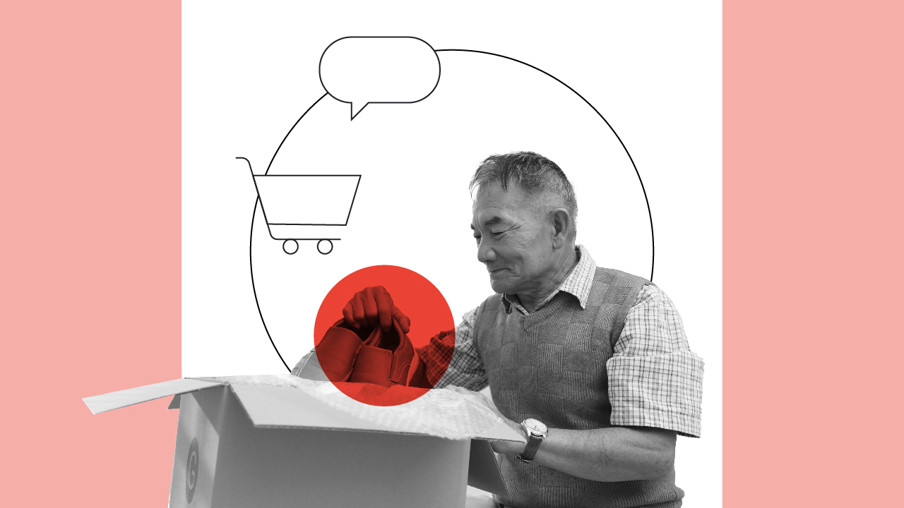 03. How brands can build seamless shopping experiences. An elderly man opens a parcel containing a pair of shoes that he bought online, representing the importance of a strong online brand presence and a seamless e-commerce customer experience.