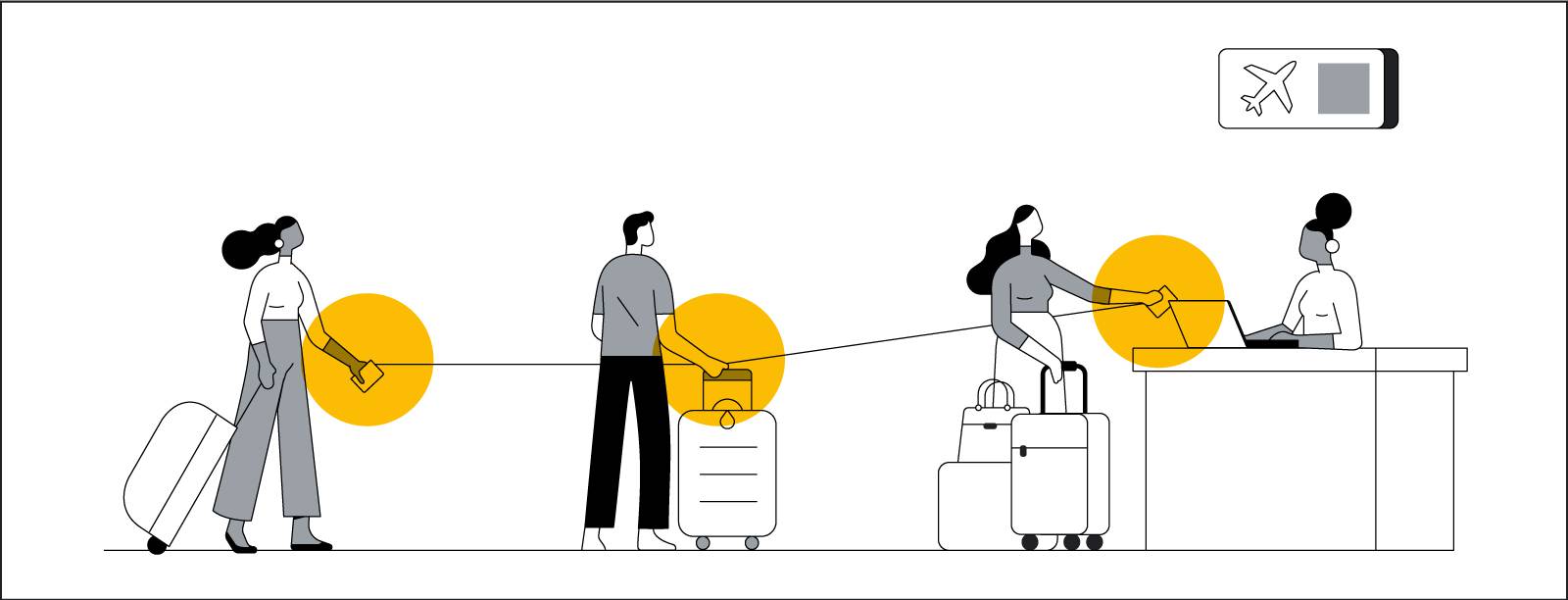 Disegno con persone con trolley che fanno la fila in aeroporto di fronte al banco del check-in. Si mantengono a distanza di sicurezza e una sottile riga nera collega le loro mani all'impiegata dietro il banco.