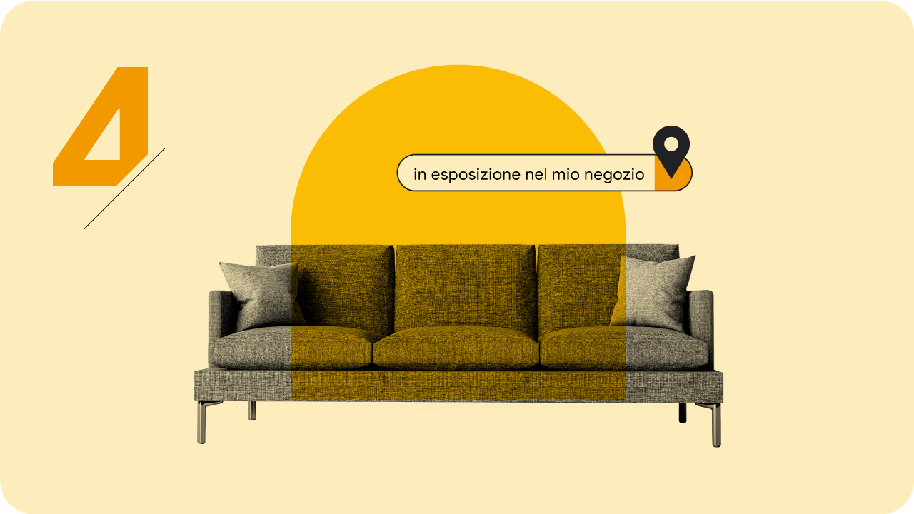 Sospeso sopra l'immagine di un divano, il termine di ricerca "in esposizione nel mio negozio" è visualizzato accanto a un segnaposto della posizione.