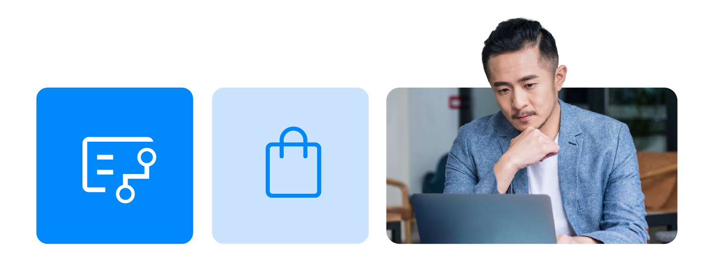 Two blue squares and a photo: 1. A document with circuits. 2. A shopping bag. 3. A man with light skin, short dark hair, and a thin mustache, wearing a light blue blazer, looks at a laptop.