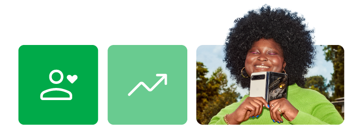 Two green squares and a photo: 1. A person icon with a heart. 2. A trending up arrow. 3. A woman with dark skin and an Afro puff wearing a light green top smiles broadly with her eyes closed, holding a mobile phone up to her chin.