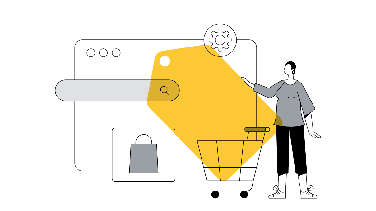 A woman holding a price tag placed over a web browser with a search bar, paper bag, shopping cart, and cog surrounding it, representing the different ways to reach customers online and online shopping behavior during mega sale seasons.