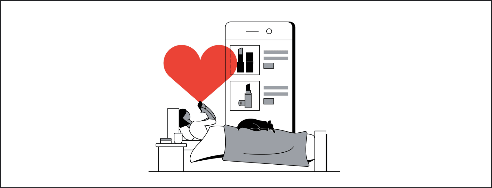 Illustration stylisée d'une personne qui utilise son téléphone dans son lit, avec un chat noir blotti à ses pieds et un cœur rouge au-dessus d'eux. À l'arrière-plan, on peut voir un écran de smartphone affichant des produits.