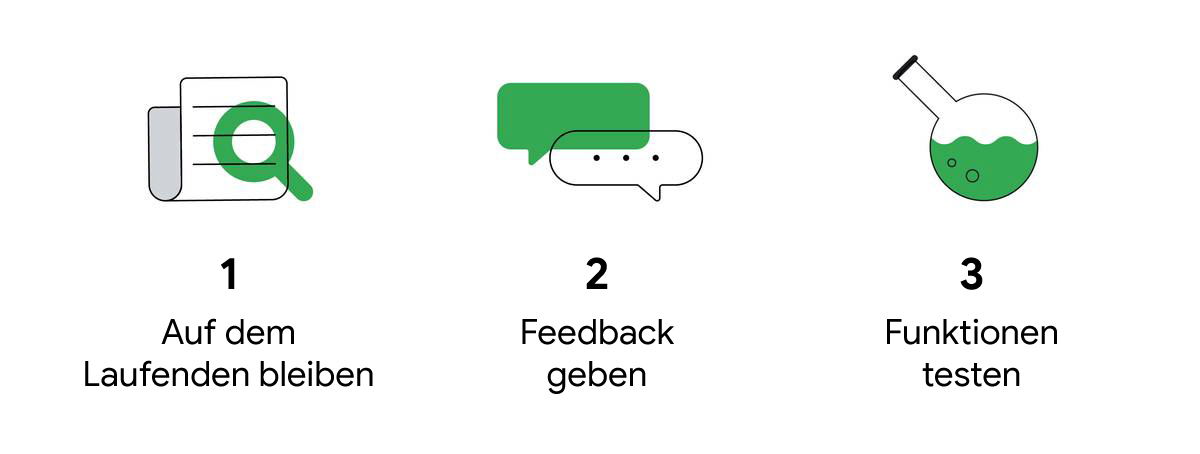 Drei Abbildungen mit Linienzeichnungen und Text. 1. Lupe vor einer Zeitung: Auf dem Laufenden bleiben 2. Grüne und weiße SMS-Felder: Feedback geben 3. Rundkolben mit grüner Flüssigkeit: Funktionen testen