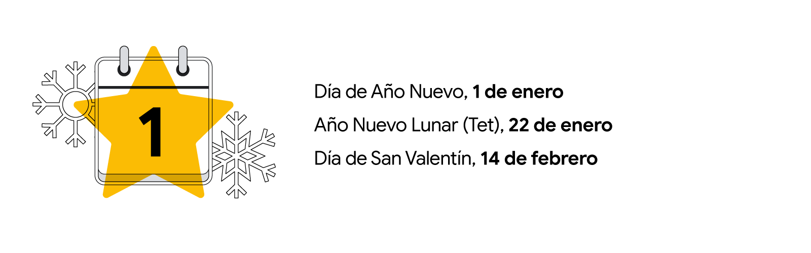 Copos de nieve alrededor de un calendario con el número uno. Hay una estrella superpuesta sobre la imagen. Día de Año Nuevo, 1 de enero; Año Nuevo Lunar (Tet), 22 de enero; Día de San Valentín, 14 de febrero.