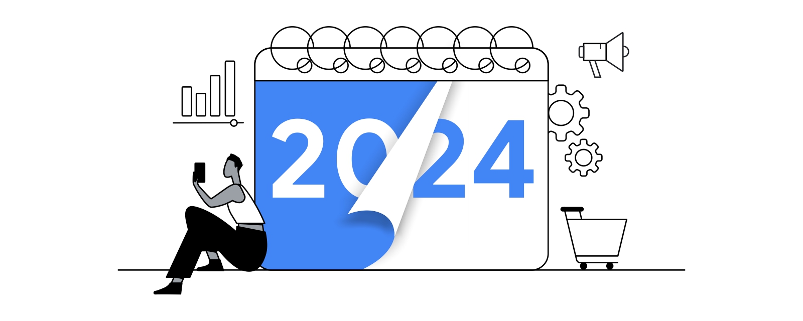La página de un calendario muestra el paso del 2023 al 2024. Alrededor, un gŕafico de barras, un megáfono, un carro de compras y una personas mirando su móvil.
