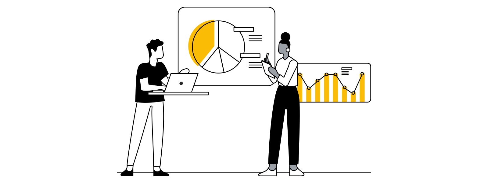 A la izquierda, un hombre de tez clara y pelo corto está de pie frente a una laptop. En el medio, una pantalla con un gráfico de torta. A la derecha, una mujer de tez media y el pelo con un rodete sostiene una tablet. Detrás, un gráfico de barras.