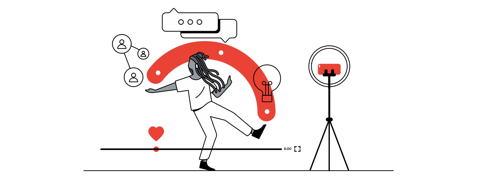 A cena ilustra os bastidores da criação de um vídeo. No centro, uma mulher negra de cabelos trançados se movimenta em frente à câmera do celular, que está em um tripé. Na imagem, há ícones representando conexão, interações e criatividade.